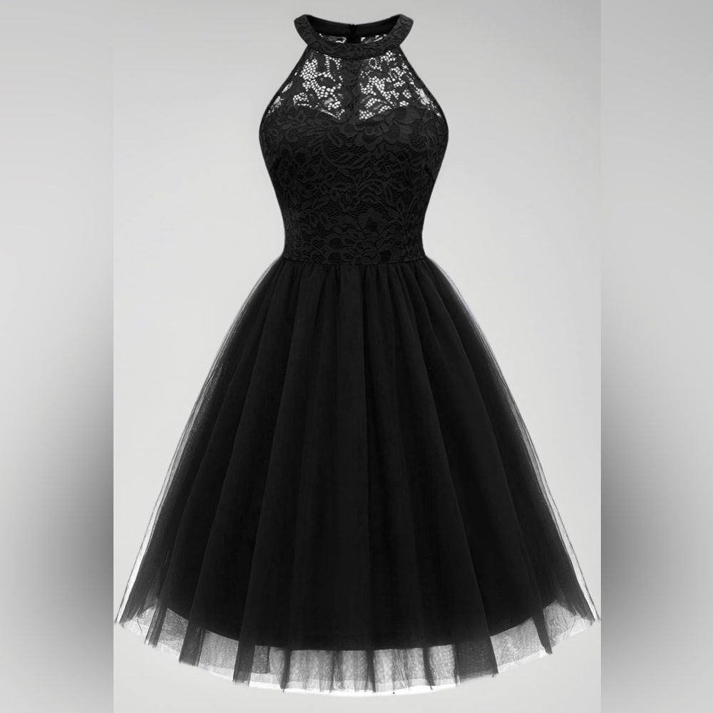 Sz XS Dressystar women’s halter tuile  short black dress Sparkly Party knee NWT